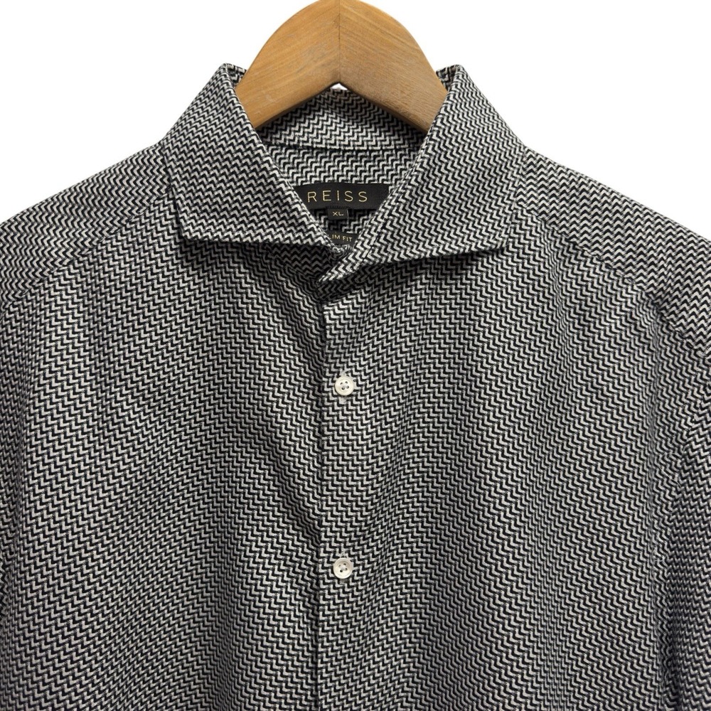 Reiss Men's XL Slim Black/White Geometric Herringbone Button Front Cotton‎ Shirt